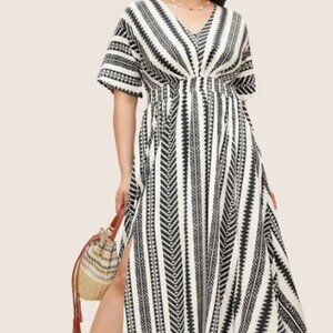 BloomChic Solid Geometric Dolman Sleeve Pocket Shirred Split Hem Dress